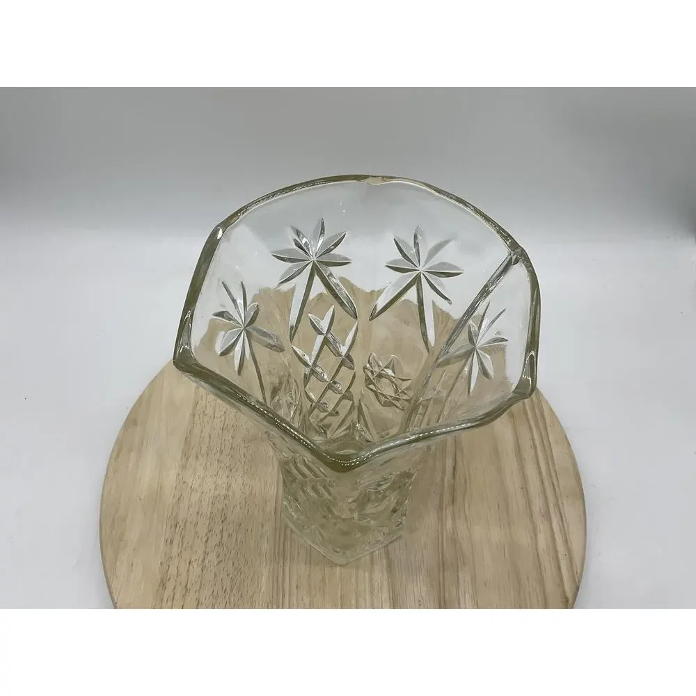 Clear Pressed Glass Flower Vase Starburst Pattern Hexagon VTG Decor Centerpiece